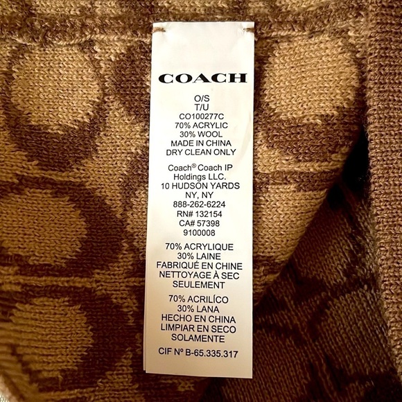 NWOT Coach Khaki Logo Wool Blend Beanie Signature C Logo Print Ribbed Hat